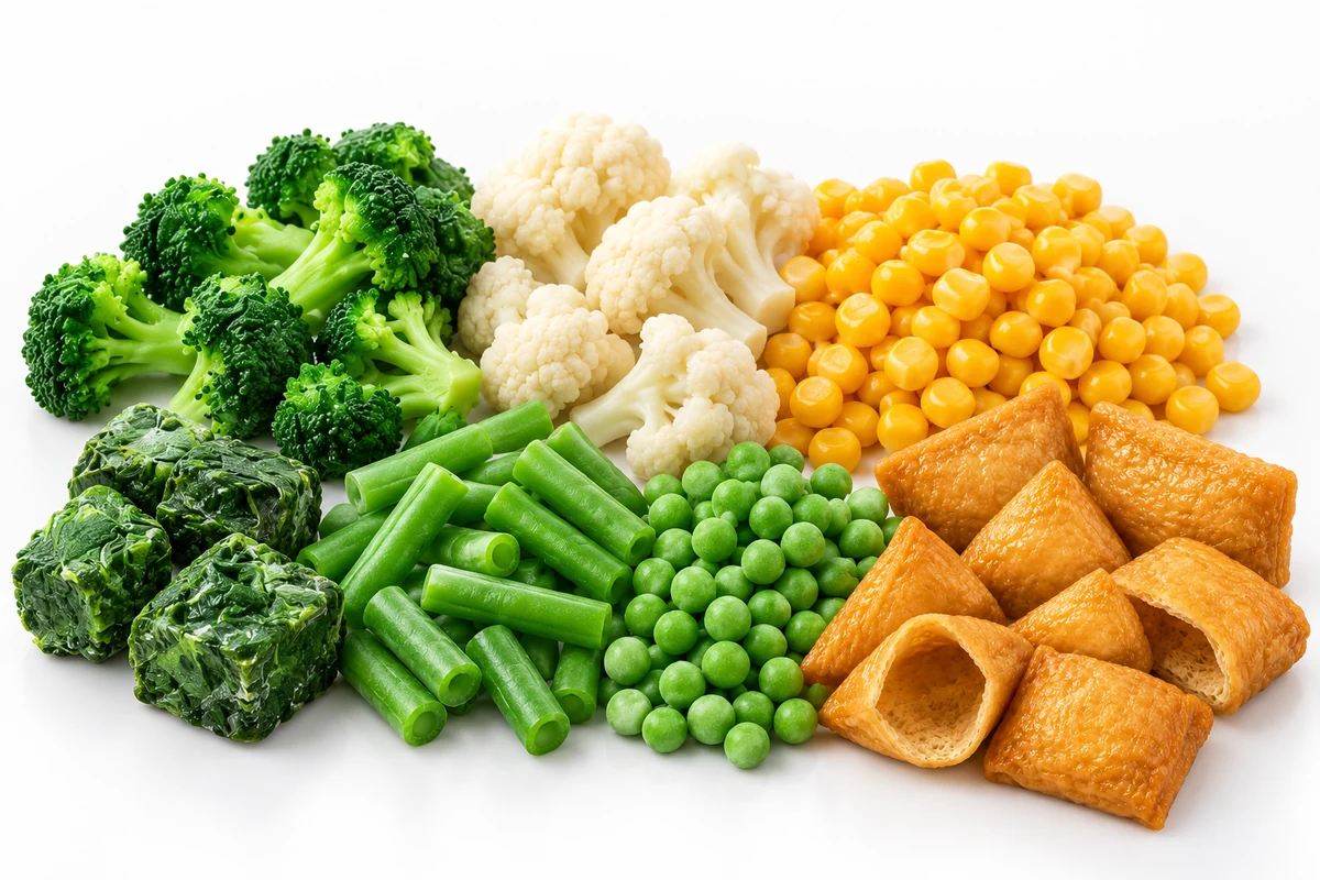 Frozen broccoli, cauliflower, sweet corn, spinach, green beans, green peas and empty seasoned inari tofu pockets arranged together in one studio product display