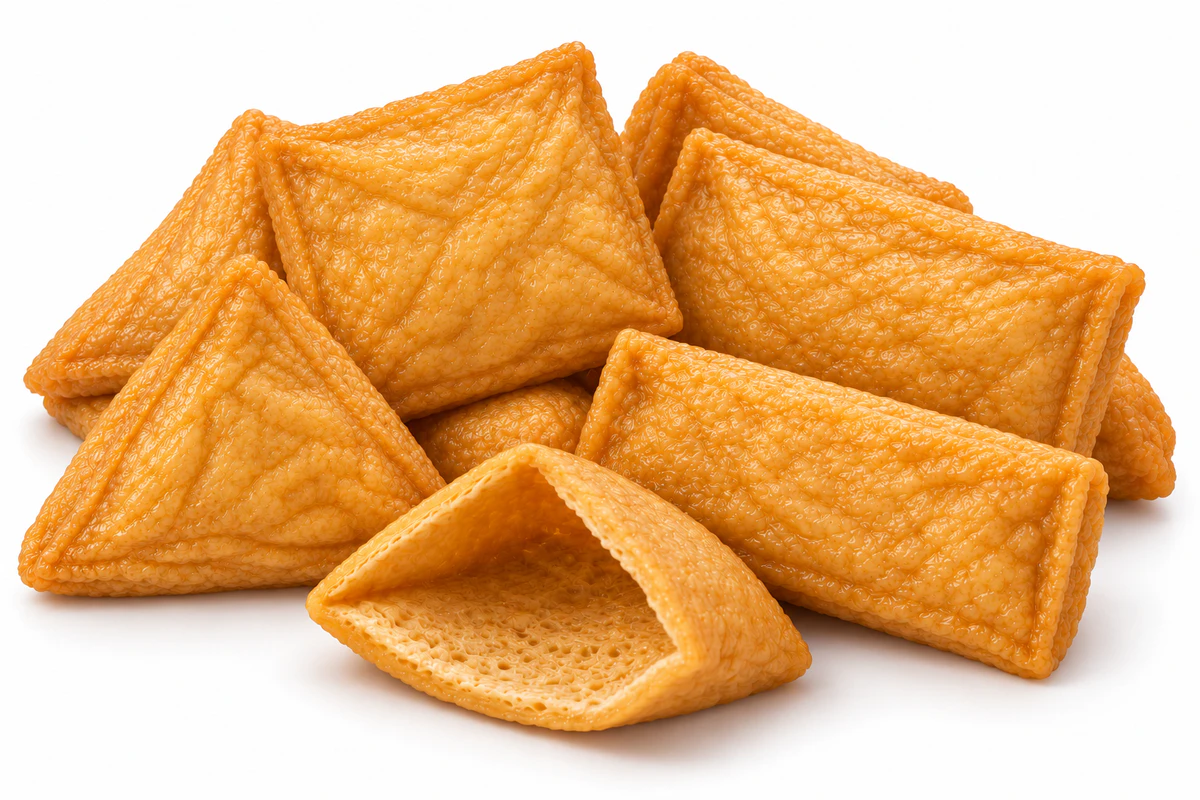 Triangle, square, half-cut and 8 by 6 centimetre Seasoned Inari Tofu Pockets naturally stacked together, including one open pouch