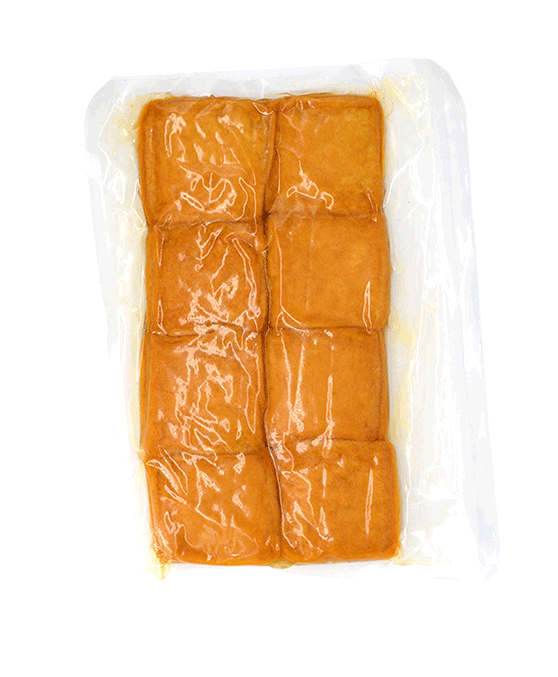 Eight Seasoned Inari Tofu Pockets in a clear vacuum-sealed inner bag, front view