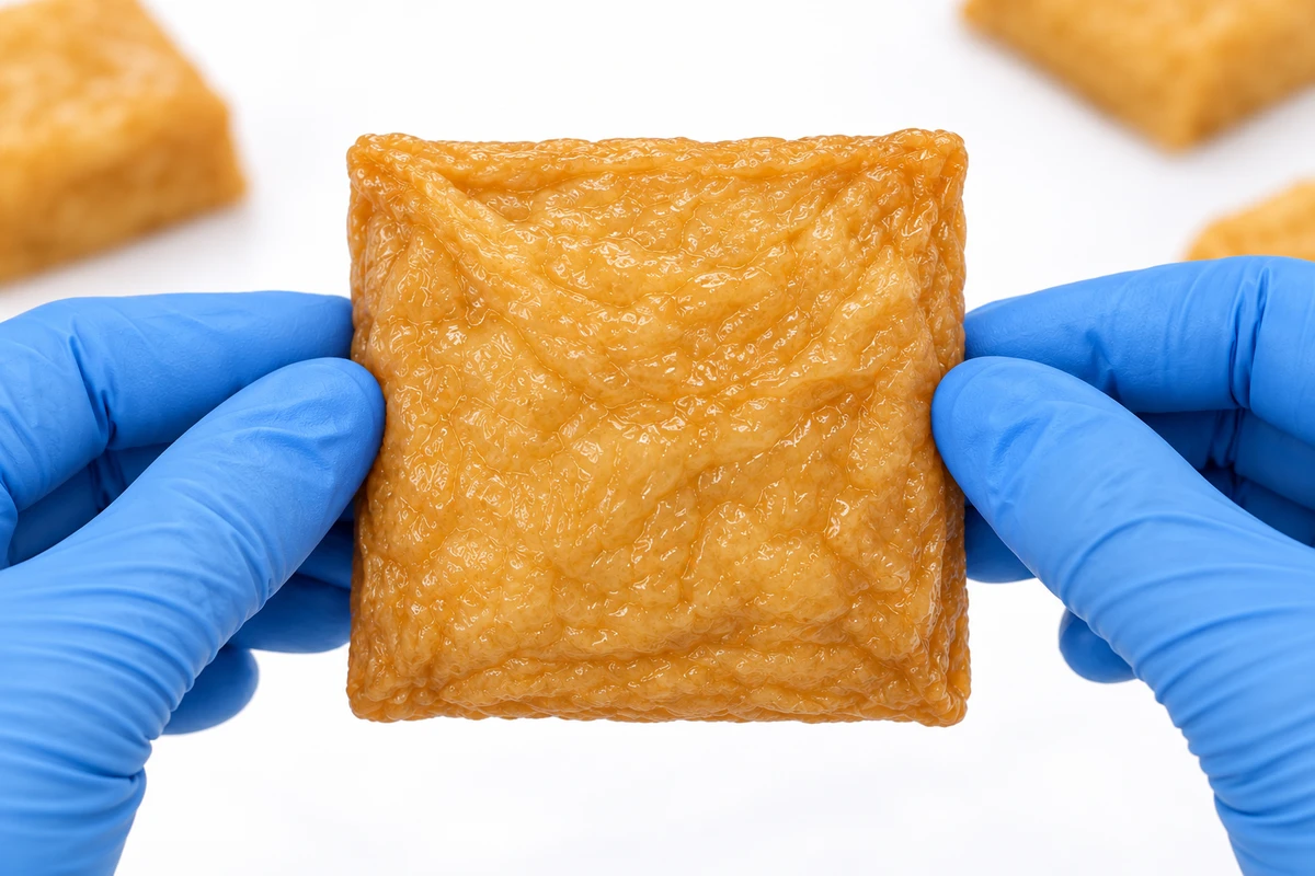Blue food-safe gloves holding a square Seasoned Inari Tofu Pocket
